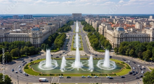 Majestic Cityscape With Grand Fountains And A Wide Boulevard