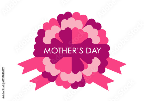 Elegant Mother's Day Badge Design with Pink and Purple Heart-Shaped Paper Flower and Ribbon Banner