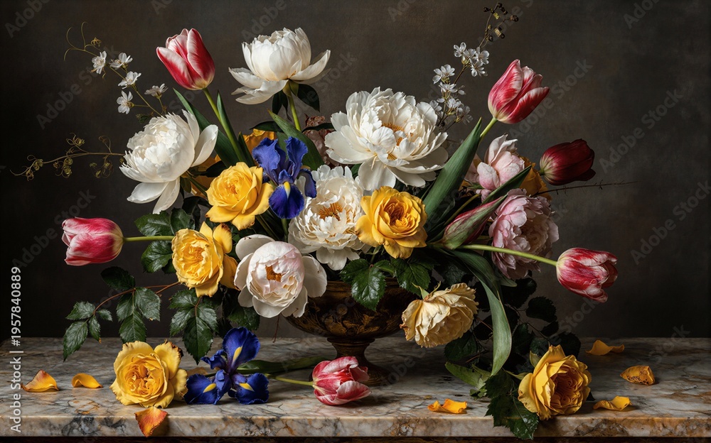 Fototapeta premium A vibrant floral arrangement in a golden vase on marble with