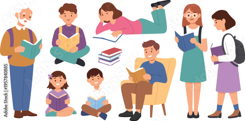 Cartoon Readers Vector Set with Happy People Reading Books, Children and Adults Enjoying Literature, Learning, Education, and Knowledge Illustration