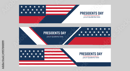 Set of Presidents Day Patriotic Web Banners with American Flag Stars and Stripes Design