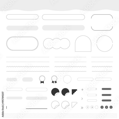 ミニマルなUIパーツセット。ボタン・フレーム・吹き出し・ライン装飾のベクター素材集（Web・アプリ・バナー用）。Webデザイン用ミニマルUI素材セット。