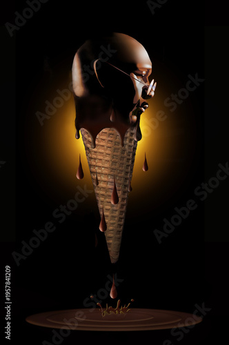 A man with a bald head  appears as a scoop of ice cream in a cone and he is melting away slowly, dripping, down in a metaphor for getting older and more diminished physically.