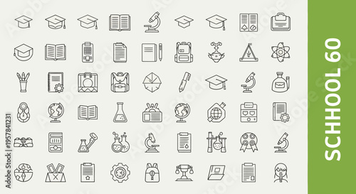 Set of 60 Education and School Line Icons - Science, Study, Graduation and Classroom Vector Elements