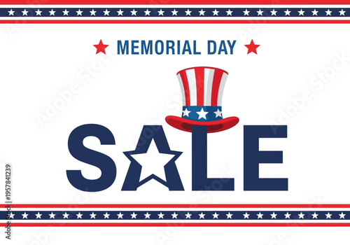 Patriotic Memorial Day Sale Banner with Uncle Sam Hat and Stars