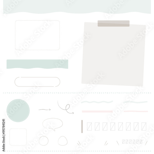 ナチュラルカラーのミニマルUI素材セット。手描き風ライン・ボタン・吹き出し・装飾パーツのベクター集。シンプルで柔らかいWeb・アプリ用の線画パーツと装飾素材セット。