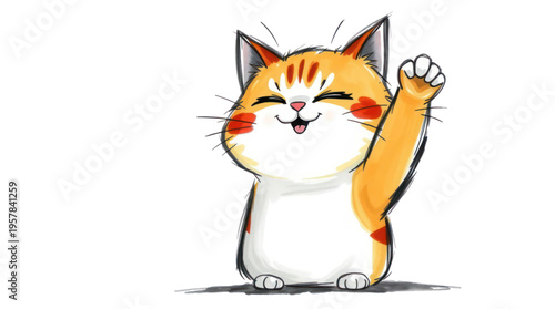 Cat Cartoon Character Cheerfully Waving Its Paw on a Transparent Background