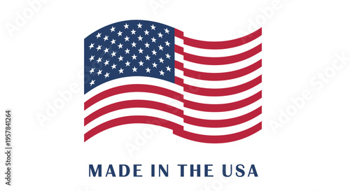 Made in the USA Logo and Waving American Flag Icon, Patriotic Symbol for Domestic Manufacturing and Quality Products
