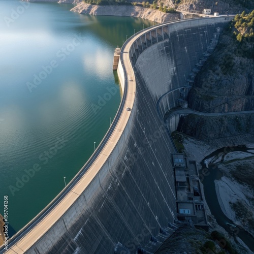 Majestic Curved Dam Holding Back Vast Blue Reservoir Water Source