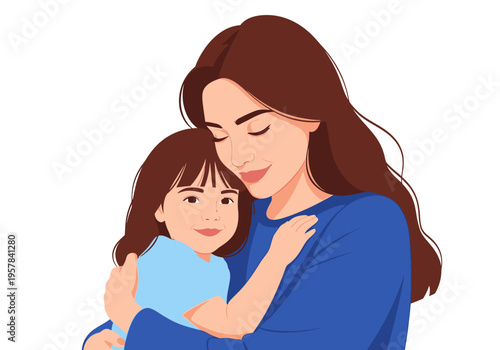 Vector illustration of a loving mother hugging her young daughter, representing family bond, motherhood, and parental love on a white background.