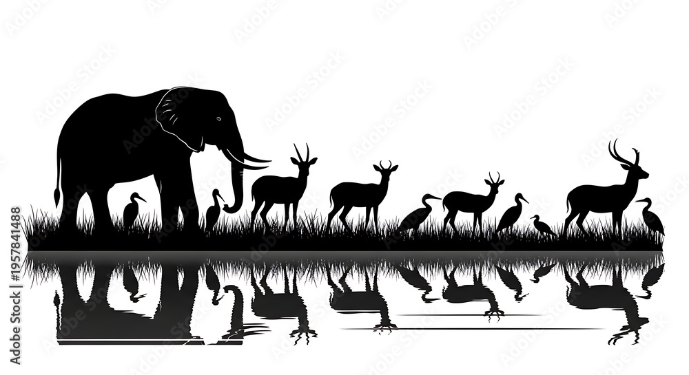 Fototapeta premium Black silhouettes of elephant and deer with birds by water isolated on white background