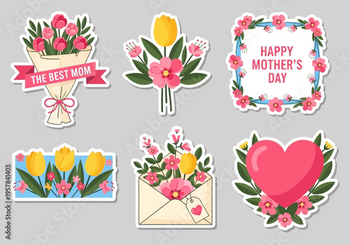 Mother's Day Sticker Set with Floral Bouquets, Heart, and Greeting Phrases