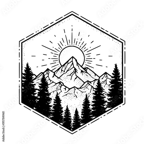 Black Mountain Landscape with Pine Trees and Sunset