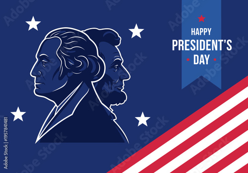 Happy Presidents Day Greeting Card with George Washington and Abraham Lincoln Silhouettes on USA Flag Background
