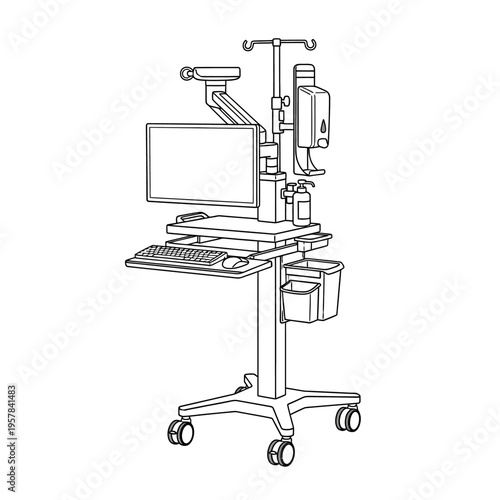 Medical cart with monitor, keyboard, and supplies, essential for hospital and clinic use, providing mobile workstation functionality.