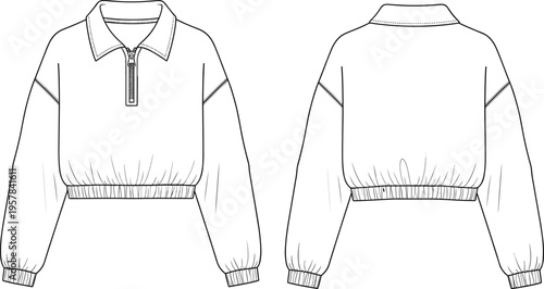 Cropped quarter zip sweatshirt outline mockup front and back view elastic waist long sleeve casual apparel vector illustration template