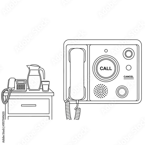 Outline illustration of a hospital room with a bedside table, telephone, water pitcher, and a wall-mounted call button system.