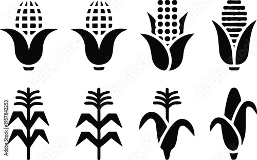 corn stalk silhouette icons ear cob kernel farm crop vector set