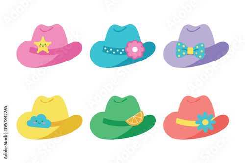 Colorful Cowboy and Cowgirl Hats Set, Cute Western Accessories Vector, Flat Fashion Hat Illustrations with Flowers and Bows