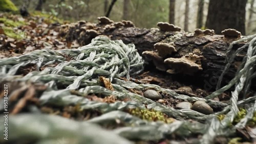 Twisted plastic fibers mimic decaying organic matter on a forest floor, showcasing natural decomposition and textures.