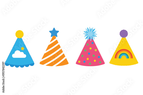 Colorful birthday party hat collection with rainbow star and cloud pattern flat vector
