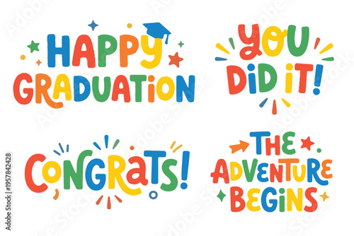 Happy Graduation greeting quotes lettering set with stars and graduation cap flat vector