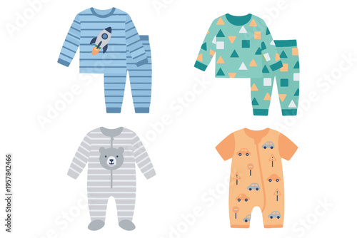 Cute kids pajamas and sleepwear set with rocket forest and bear pattern flat vector