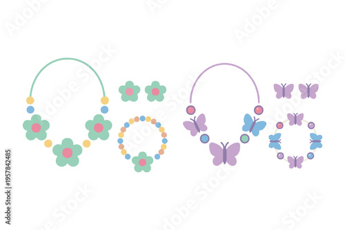 Cute girls jewelry set with flower and butterfly necklace bracelet and earrings flat vector
