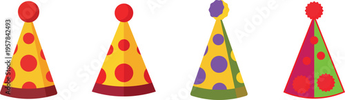 Set of four colorful party hats with polka dot pattern