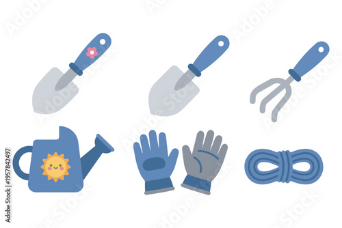 Blue gardening tool set with watering can shovel gloves and rope flat vector illustration
