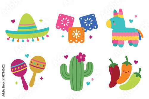 Mexican Fiesta Cultural Elements, Cinco de Mayo Celebration Vector, Cute Mexican Theme Icons, Sombrero Pinata and Cactus Flat Illustration
