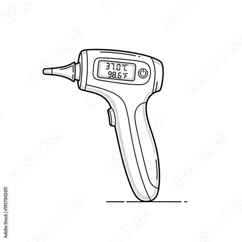 Digital infrared ear thermometer for measuring body temperature, medical device for health monitoring, black and white line art illustration.