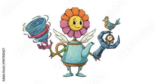 Surreal Fantasy Character with Teapot Body Flower Head and Mechanical Arm