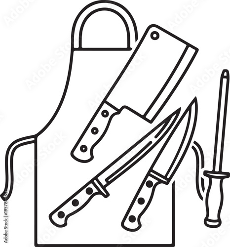 Set of 3 kitchen knives and apron vector icons
