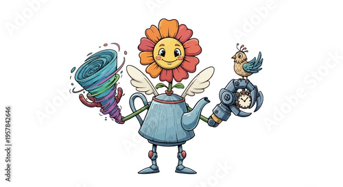 Surreal Fantasy Character with Teapot Body Flower Head and Mechanical Arm