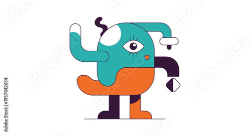 Surreal Geometric Character Design with Teal and Orange Shapes and Textured Shading