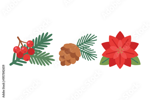 Winter Floral and Botanical Elements, Christmas Pine Branches and Poinsettia, Flat Vector Pinecones and Red Berries Illustration, Seasonal Nature Set