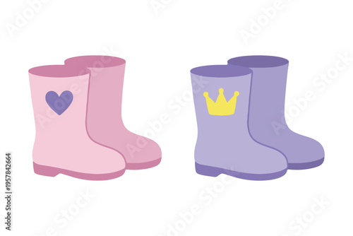 Cute Kids Rain Boots Set, Colorful Rubber Gumboots Vector, Autumn and Spring Footwear Illustrations, Toddler Rainy Day Fashion Stickers