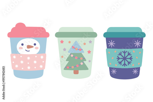 Christmas Theme Coffee To Go Cups, Festive Winter Paper Cups Vector, Holiday Takeaway Beverage Containers, Snowman and Christmas Tree Illustration
