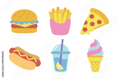 Fast Food and Junk Food Collection, Flat Vector Pizza Burger and Fries, Street Food Illustration Set, Tasty Snacks and Soda Icons