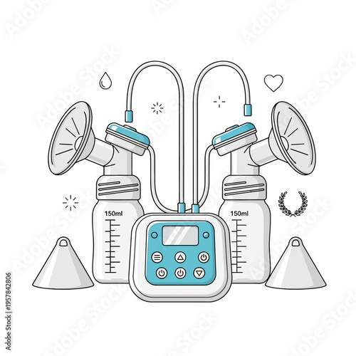 Modern electric breast pump with bottles and accessories, illustrating motherhood and baby care.