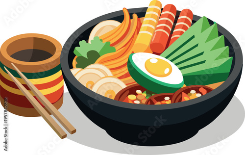 Chinese and Japanese food set with sushi rice vegetables meat and chopsticks in a healthy meal scene