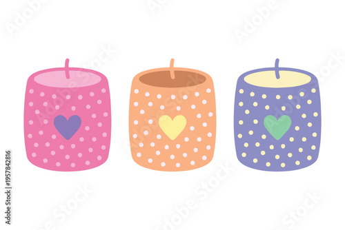 Cute Polka Dot Scented Candles Set, Flat Vector Colorful Jar Candles, Relaxation and Home Decor Illustration, Heart Pattern Wax Candles