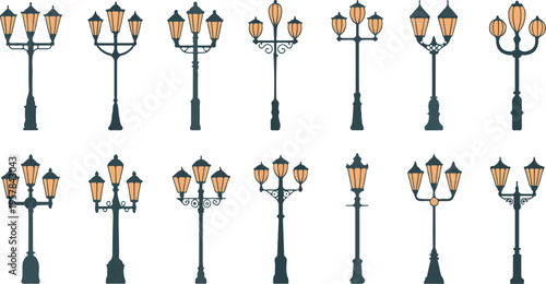 Street City Lights Vector Set with Retro and Modern Lanterns, Vintage Lampposts, Gothic Streetlights, Outdoor Urban Park Illumination Collection