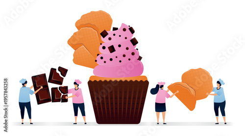 vector illustration of a man holding a cute pink cupcake with chocolate cream and cherry celebrating a sweet birthday treat
