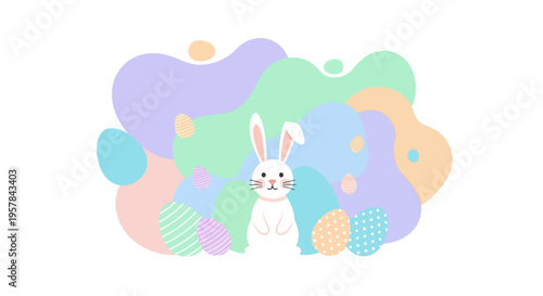 A cute cartoon bunny surrounded by colorful Easter eggs and pastel shapes on a vibrant background