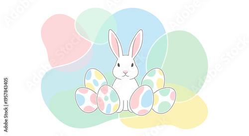A cute white bunny sits among colorful Easter eggs on a pastel-colored background with Easter Sunday celebration elements