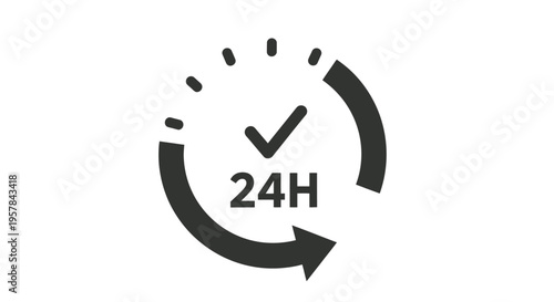 Clean vector illustration of a 24-hour service icon graphic featuring a circular arrow and a prominent checkmark design, symbolizing continuous availability and reliable support.