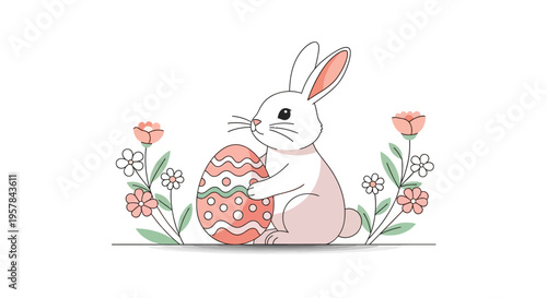 A cute cartoon bunny holds a decorated Easter egg surrounded by colorful flowers on a pastel background