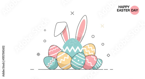 A cute cartoon Easter bunny with pastel-colored eggs on a white background, conveying a happy and festive Easter Sunday celebration with colorful eggs and bunnies